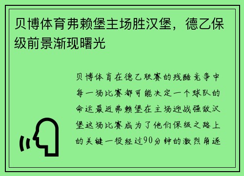 贝博体育弗赖堡主场胜汉堡，德乙保级前景渐现曙光
