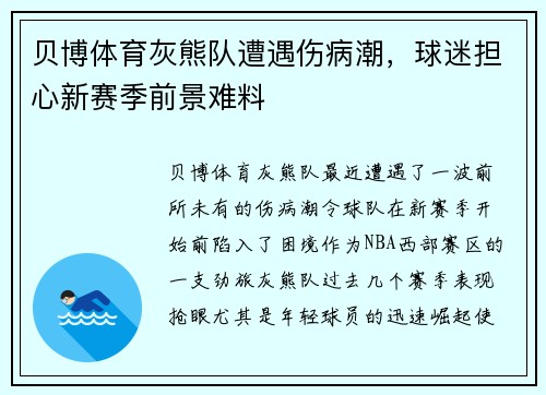 贝博体育灰熊队遭遇伤病潮，球迷担心新赛季前景难料