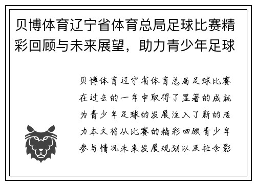 贝博体育辽宁省体育总局足球比赛精彩回顾与未来展望，助力青少年足球发展