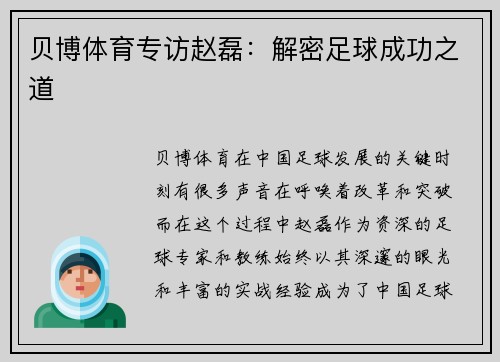 贝博体育专访赵磊：解密足球成功之道