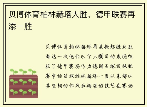 贝博体育柏林赫塔大胜，德甲联赛再添一胜